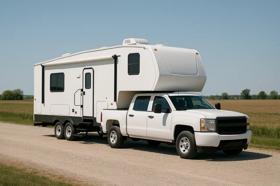 White fifth wheel travel trailer hitched to a pickup truck on a gravel drive in open country