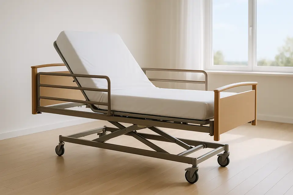 Adjustable hospital style bed with a plain mattress in a bright, empty bedroom