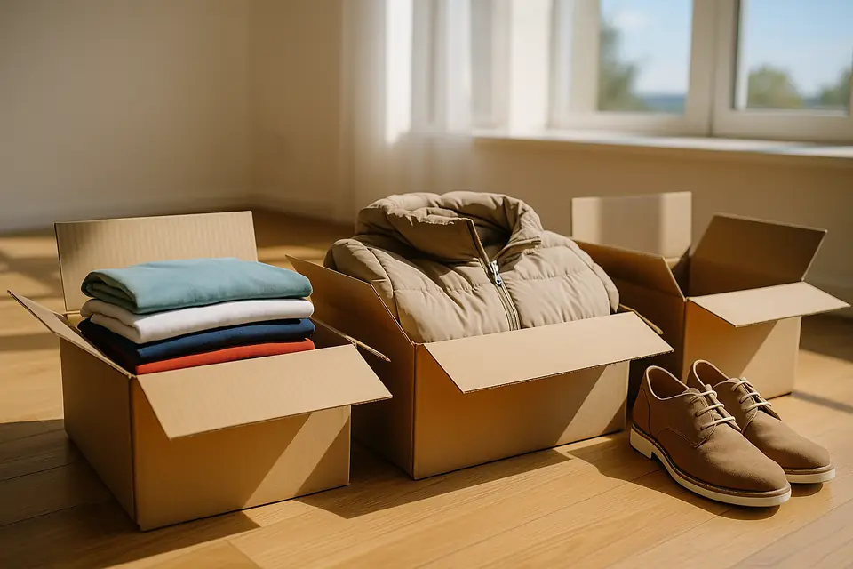 Folded shirts, coats and shoes sorted in open cardboard boxes on a clean floor