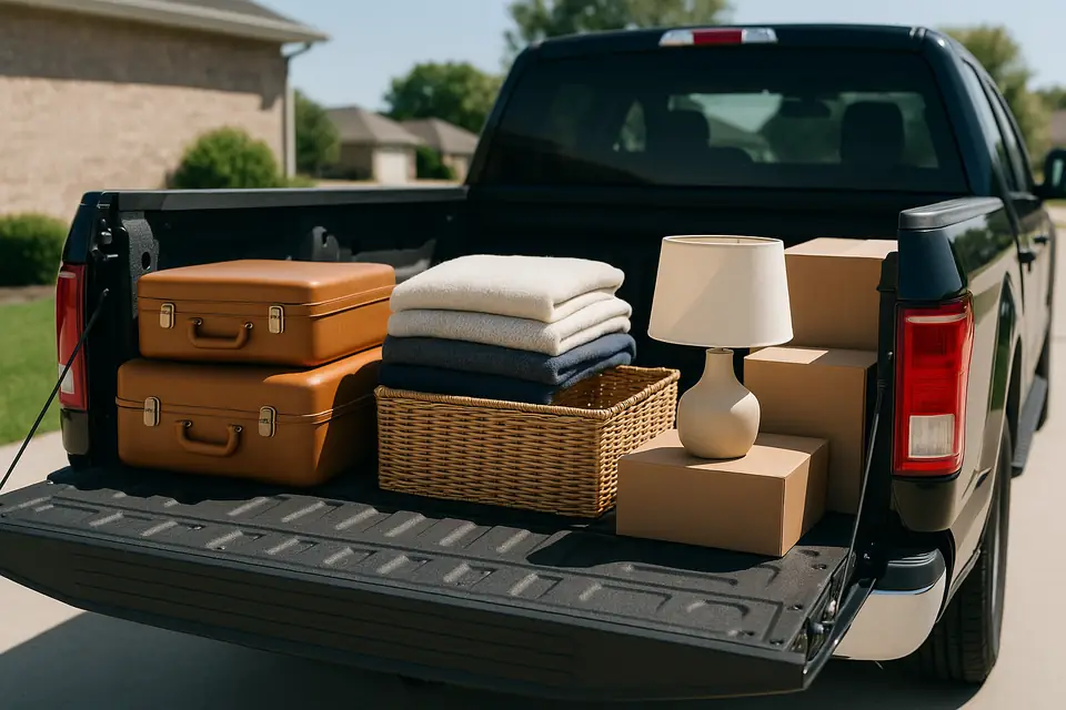 Open pickup bed loaded with suitcases, folded blankets, a wicker basket, a table lamp and boxed decor