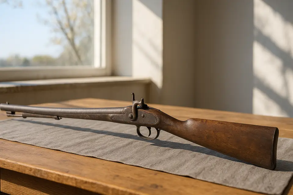 An antique single barrel long gun with a walnut stock resting on a plain cloth in daylight