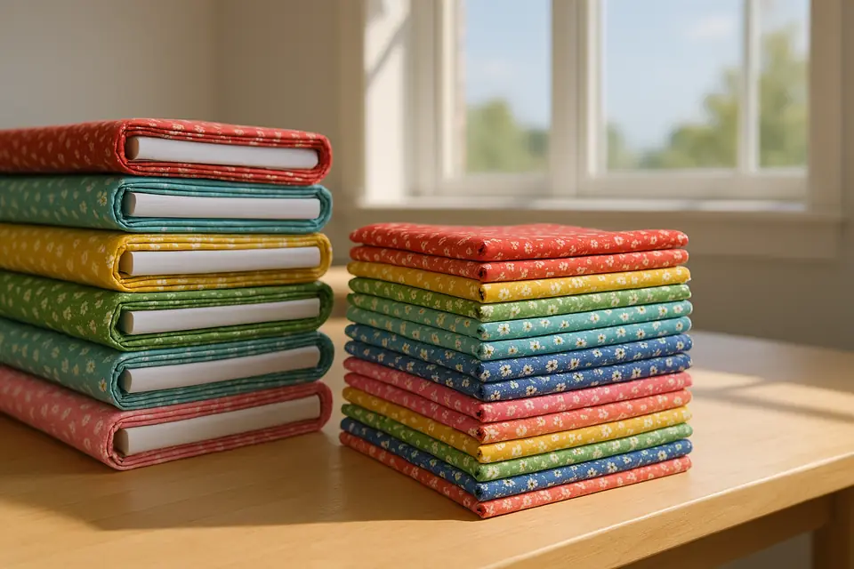 Folded bolts of patterned quilting cotton stacked on a table in a sunlit room
