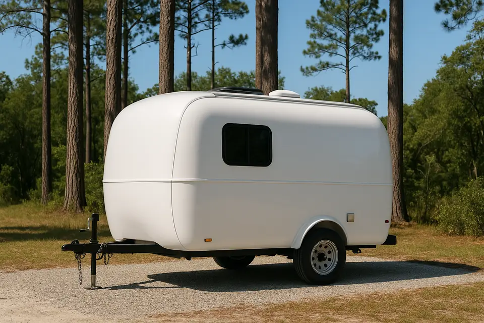 Compact white single axle travel trailer parked on a gravel pad beside tall southern pines in midday sun
