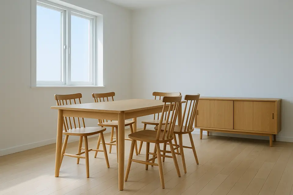 Wooden dining table, chairs and a sideboard arranged in a sunlit room with plain walls