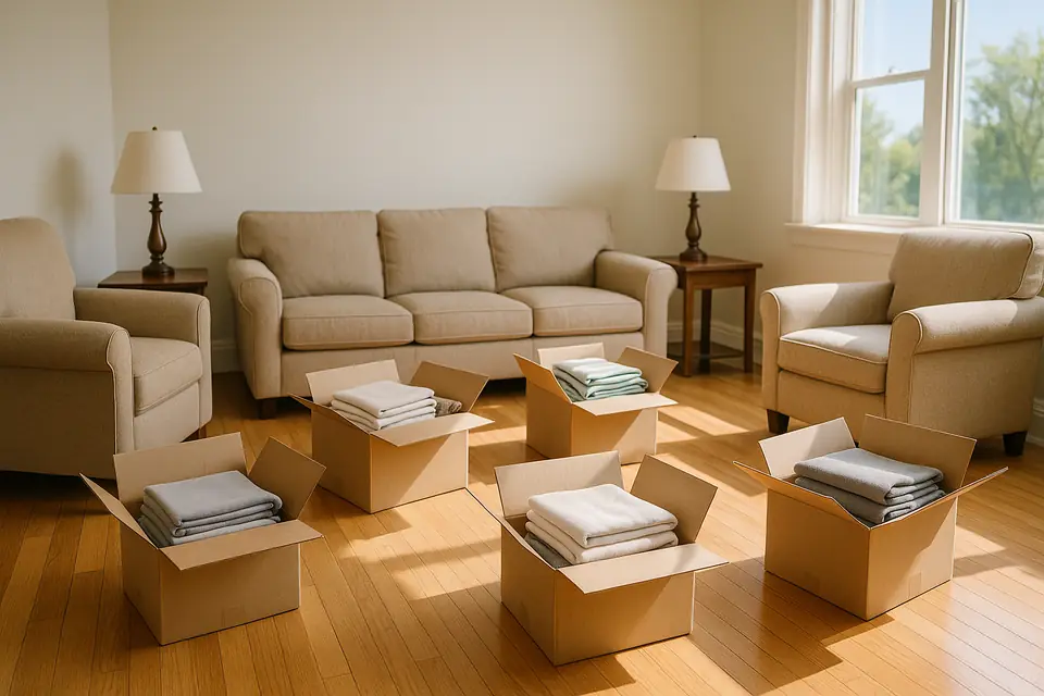 Household furniture, lamps and boxed housewares grouped in a bright empty living room