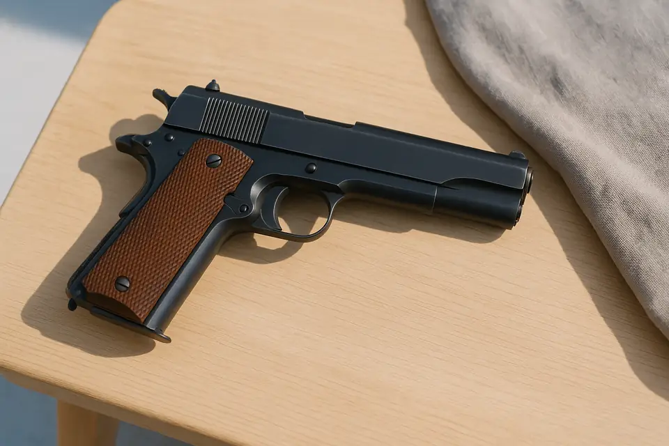 A blued semiautomatic military pistol resting on a plain wooden table in daylight