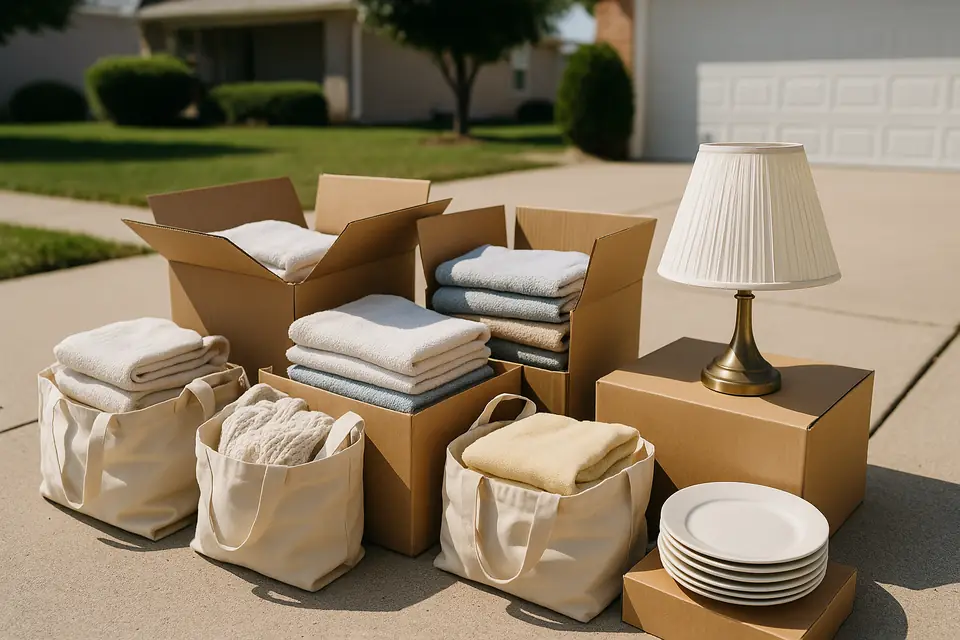 Cardboard boxes and bags of household goods and folded linens on a driveway in bright daylight