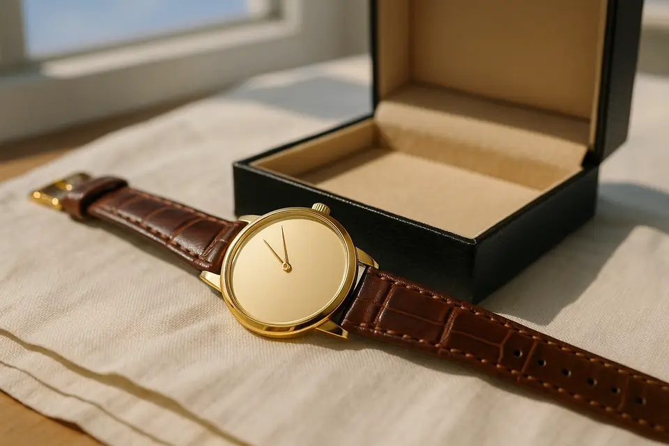 A gold dress watch on a brown leather strap resting on pale linen beside its open presentation box, daylight from a window