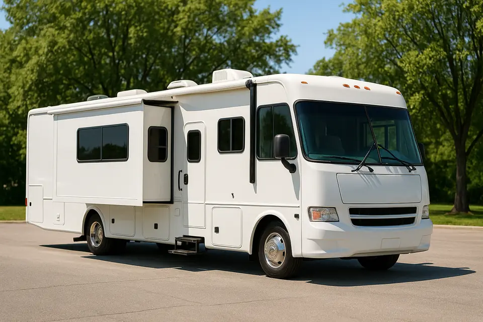 White Class A motorhome parked on a paved lot in bright daylight