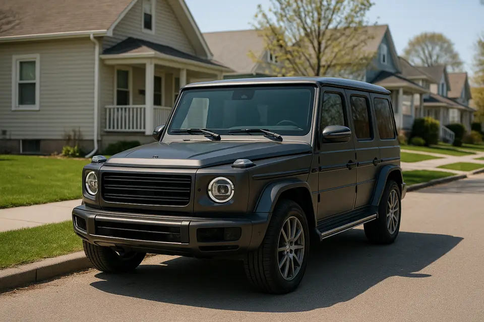 Boxy dark gray luxury SUV parked on a suburban street in bright daylight