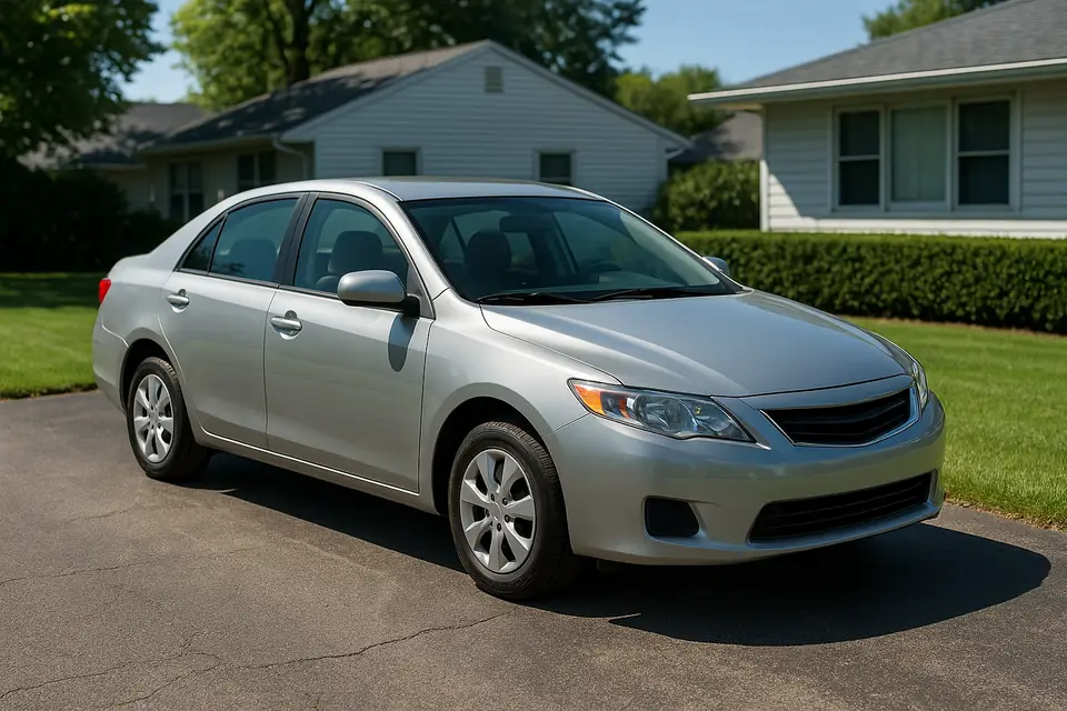 Silver four door sedan parked in a residential driveway in bright daylight