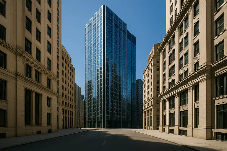 A glass office tower between older stone buildings in a city financial district at midday.