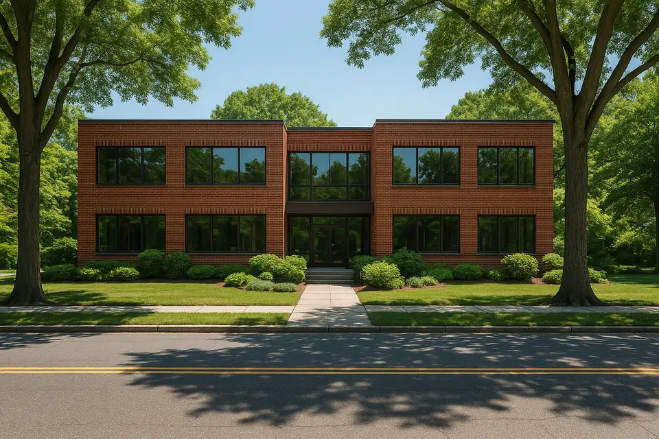 A small two story brick office building behind mature trees on a quiet suburban street.