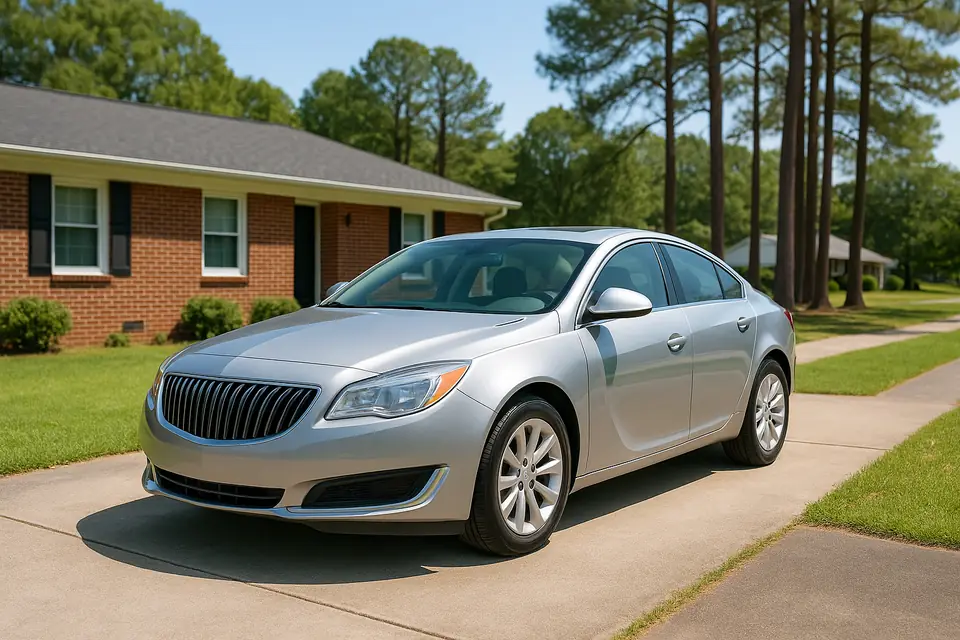 Silver midsize sedan parked in a driveway in front of a brick house and tall pines
