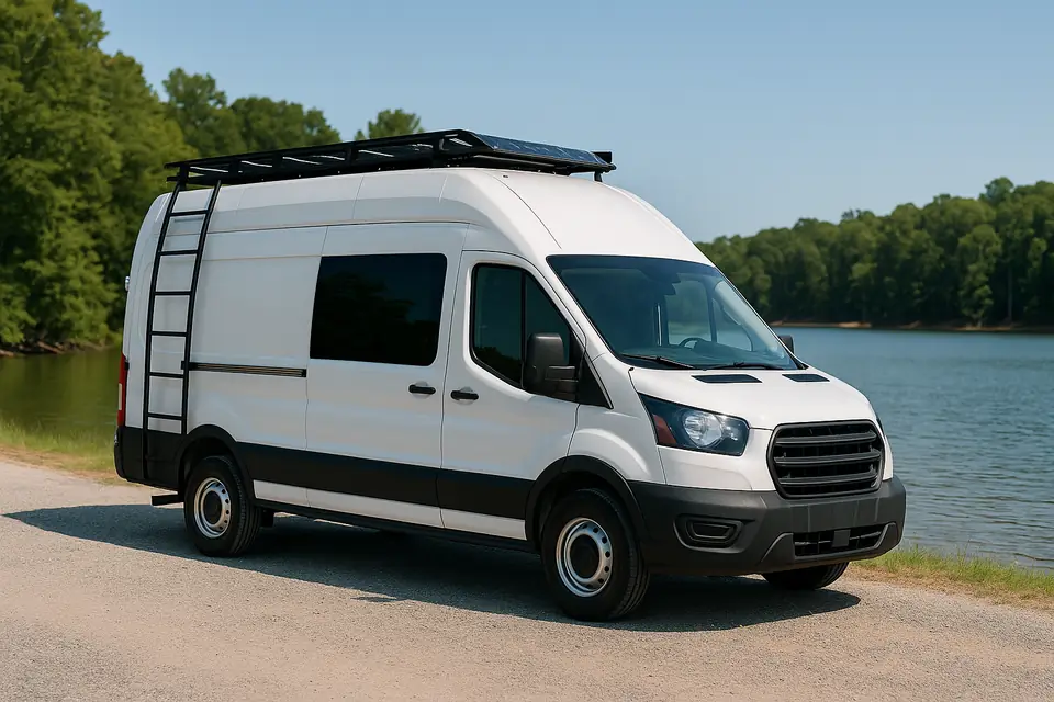 White high roof camper van parked beside a lake with a wooded shoreline