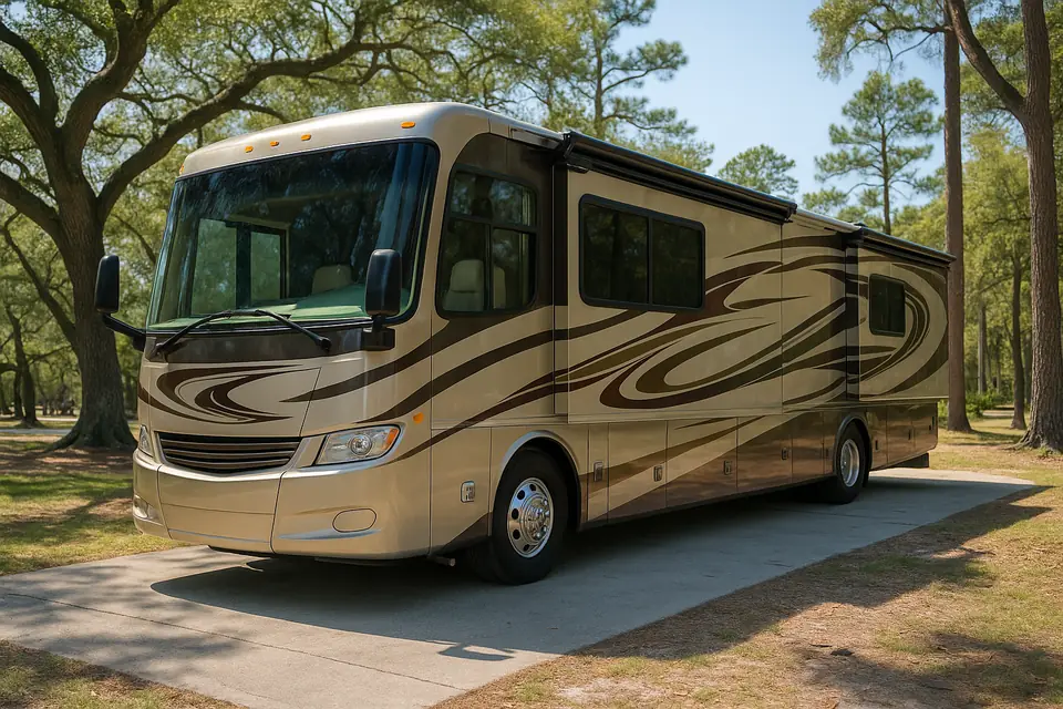 Large Class A motorhome parked at a campsite under live oaks and pines