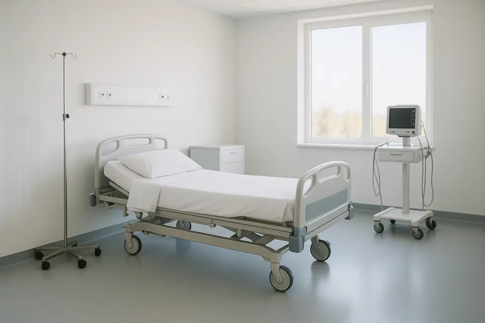 Hospital bed, infusion stand and patient monitor in a bright empty clinic room