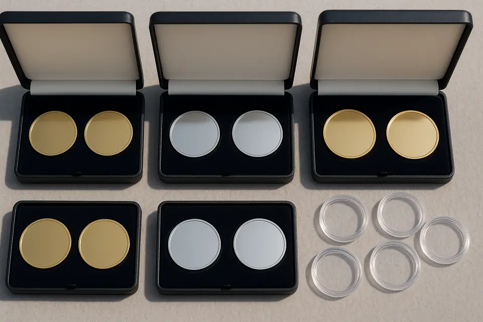 Open presentation cases holding plain gold and platinum toned bullion discs, with empty coin capsules alongside