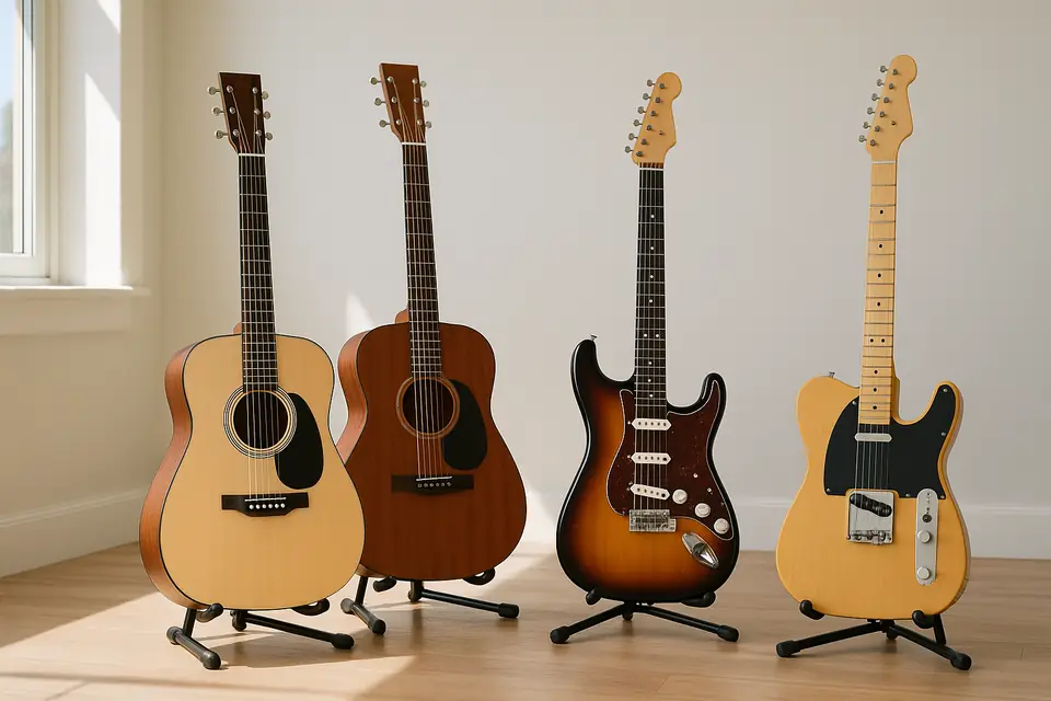 Two steel string acoustic guitars and two solid body electric guitars on floor stands in a bright room