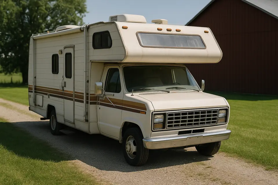 Older white Class C motorhome with a cab-over bunk parked on a gravel drive beside a barn