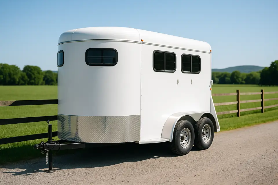 A white two horse trailer parked on gravel beside a green pasture in bright daylight