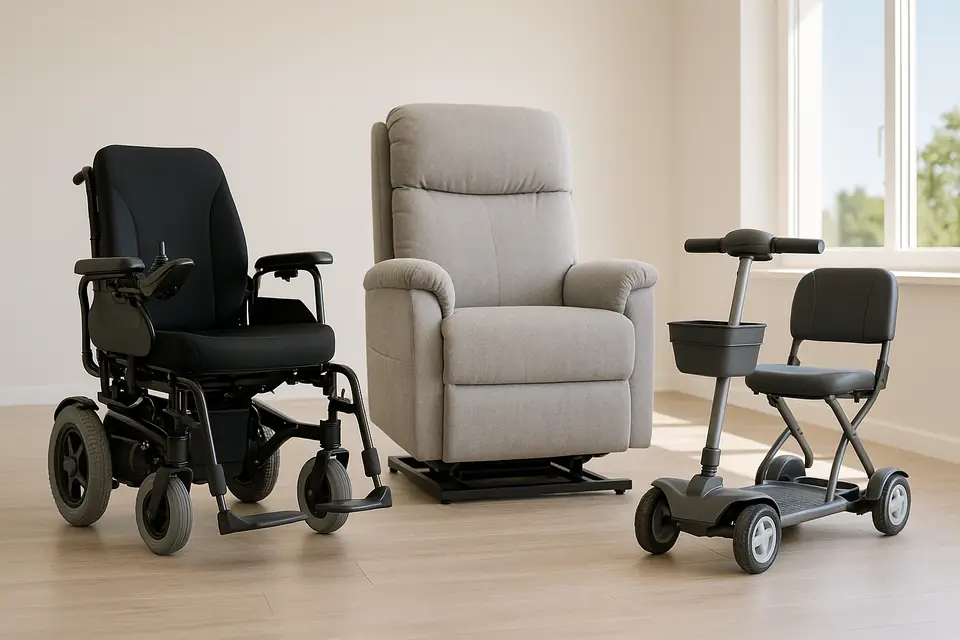 A powered wheelchair, a powered lift chair, and a folding mobility scooter in a bright empty room with pale walls and wood flooring