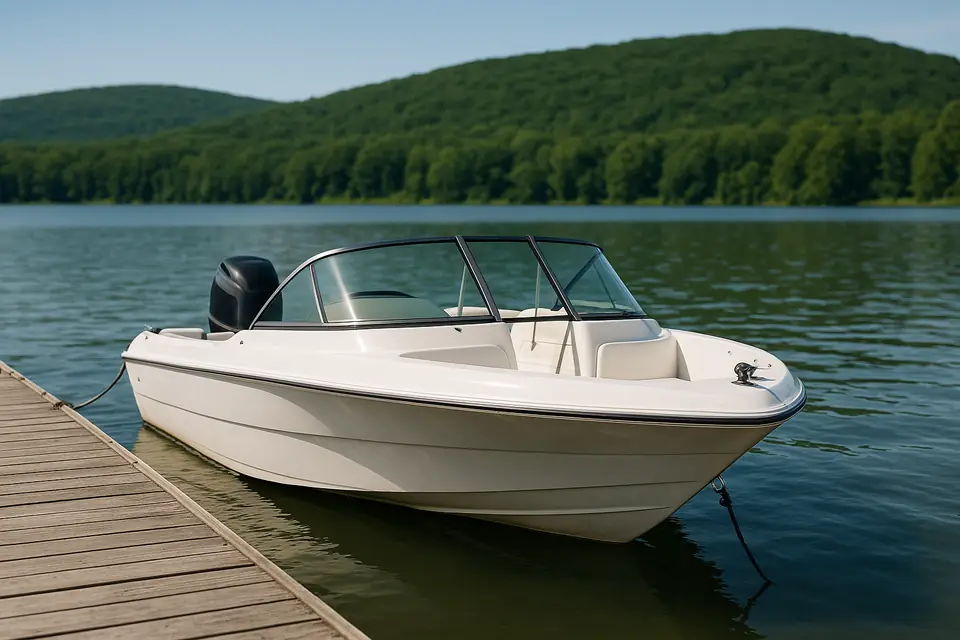 Fiberglass pleasure boat tied at a quiet inland lake dock surrounded by wooded hills