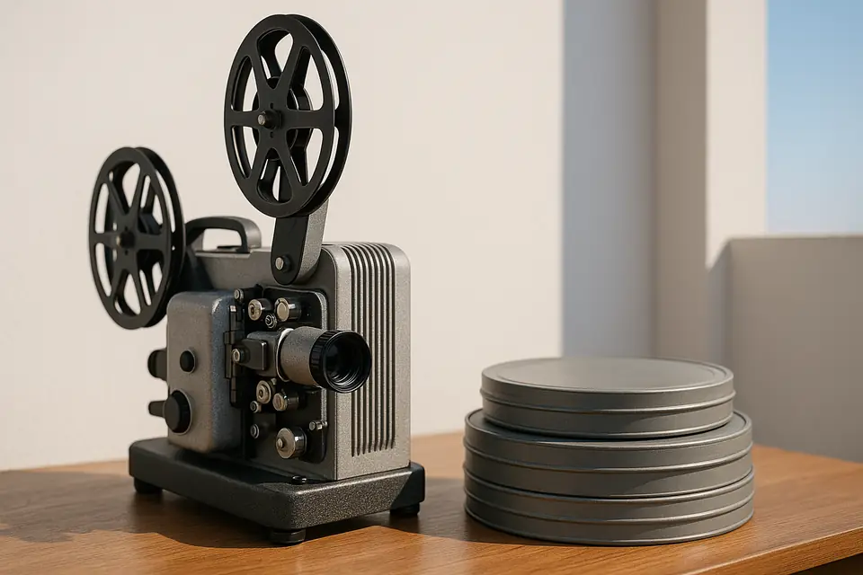 Vintage film projector on a wooden table beside a stack of blank metal reel canisters