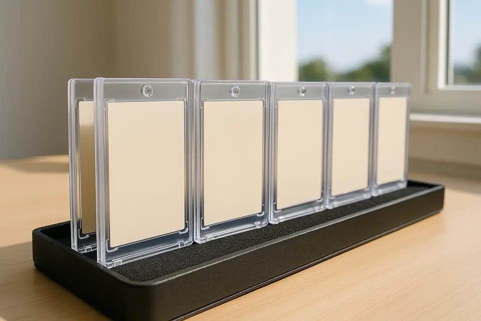 Row of clear rigid trading card holders standing in a foam lined case on a desk