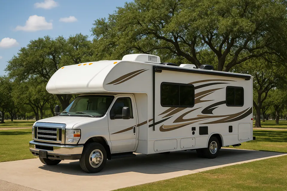 White Class C motorhome parked at an RV park under oak trees