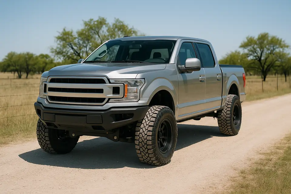 Lifted silver pickup truck on a gravel ranch road