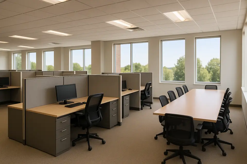 Open office with gray fabric cubicles, rolling task chairs, and a long conference table in daylight