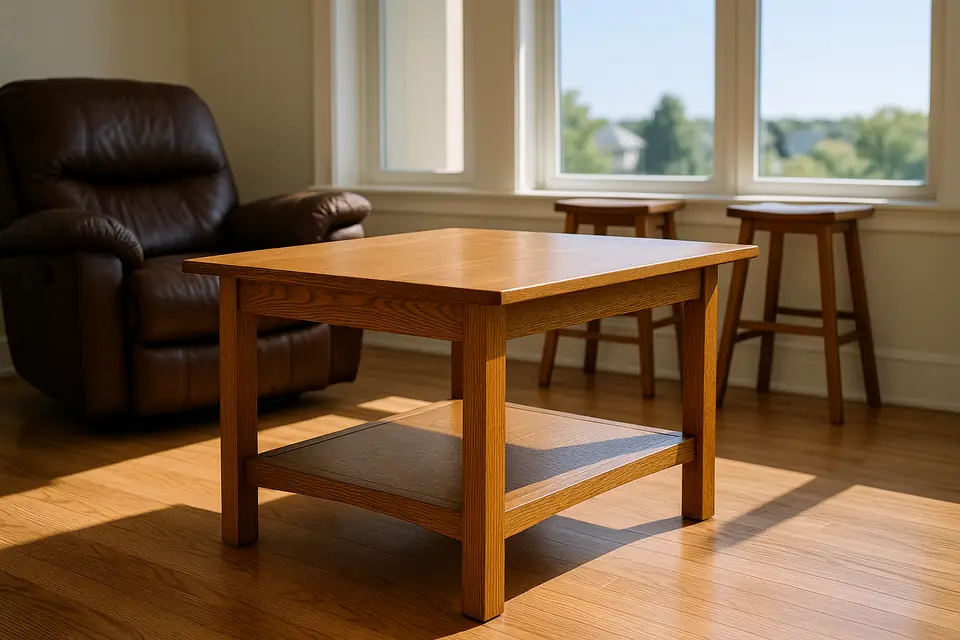 Quartersawn oak library table with a lower shelf beside a brown leather recliner in a sunlit room