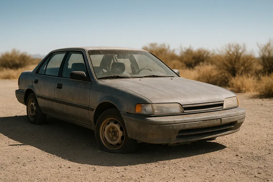 Older faded sedan with dull paint parked on a gravel lot in bright daylight