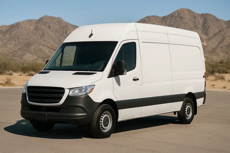 White high roof cargo van parked on a paved lot with mountains behind it in bright daylight