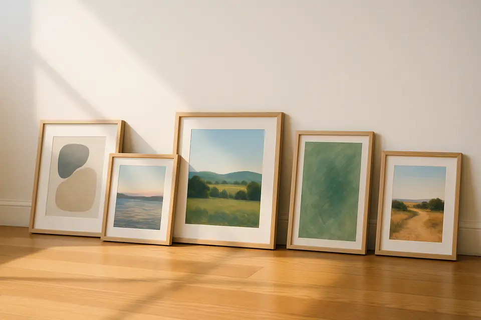 A group of framed pictures of varying sizes propped side by side against a pale wall in daylight