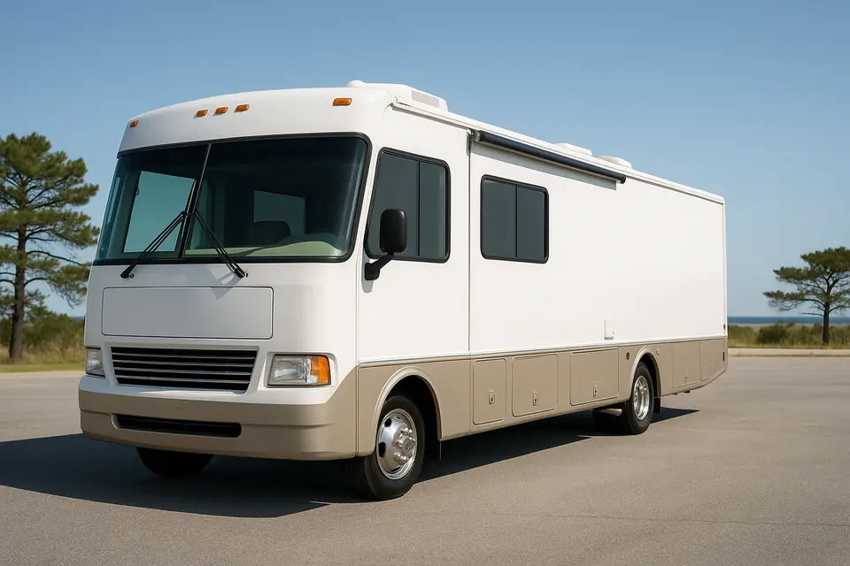 White and tan Class A motorhome parked on a paved lot beside coastal pines