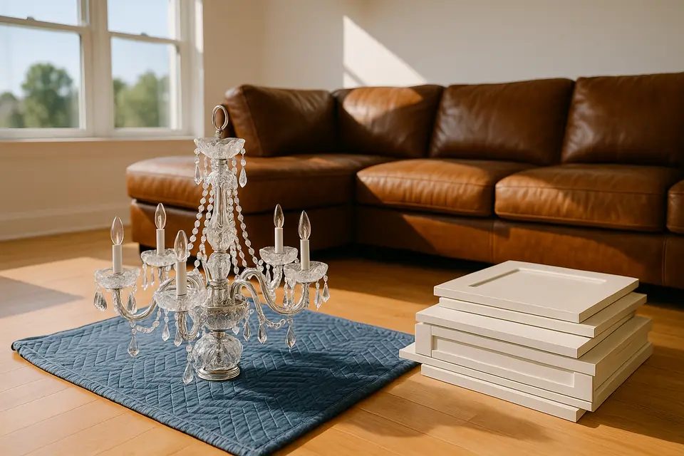 A crystal chandelier, a leather sectional sofa and stacked pale kitchen cabinet doors in a bright empty room