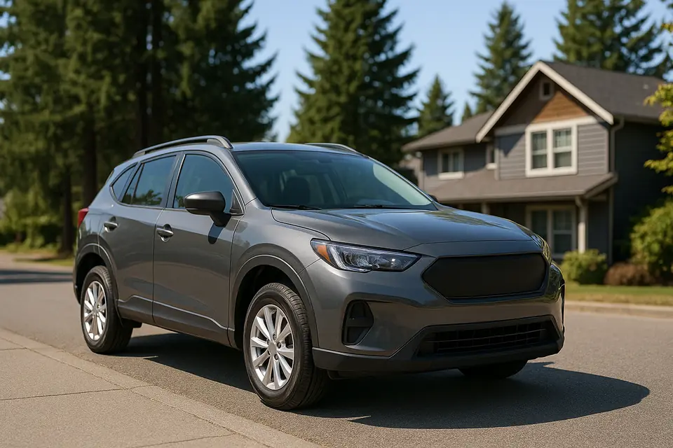 Gray compact crossover parked on a paved residential street in bright daylight