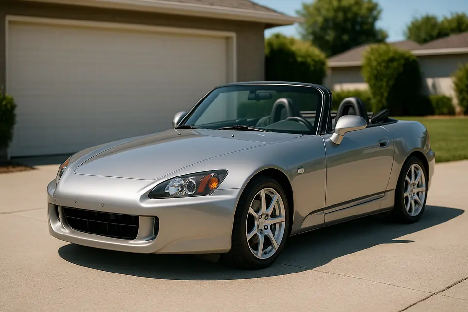 Small silver two seat convertible roadster with the top down, parked on a driveway in bright daylight