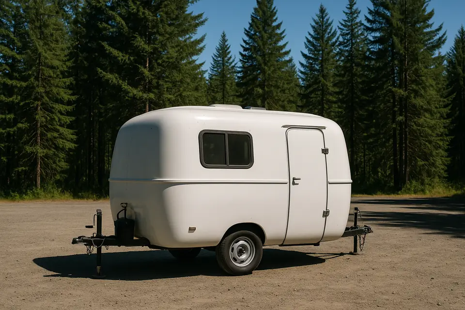 Small white moulded fiberglass travel trailer parked on gravel in front of tall evergreen firs