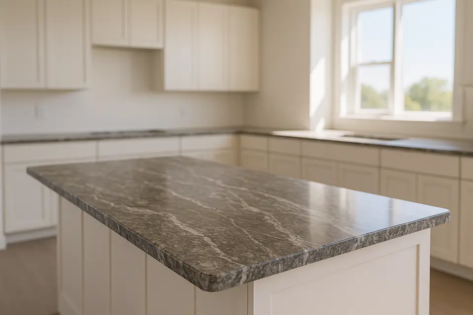 A slab stone kitchen countertop and island top in a bright empty kitchen