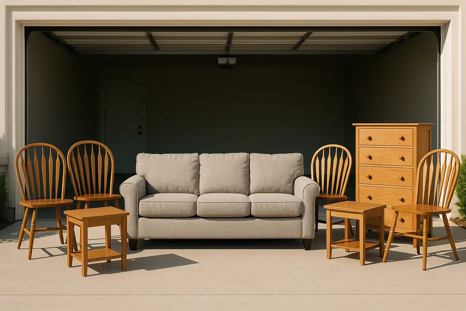 A sofa, wooden dining chairs, a chest of drawers, and side tables set out on a driveway in front of an open garage