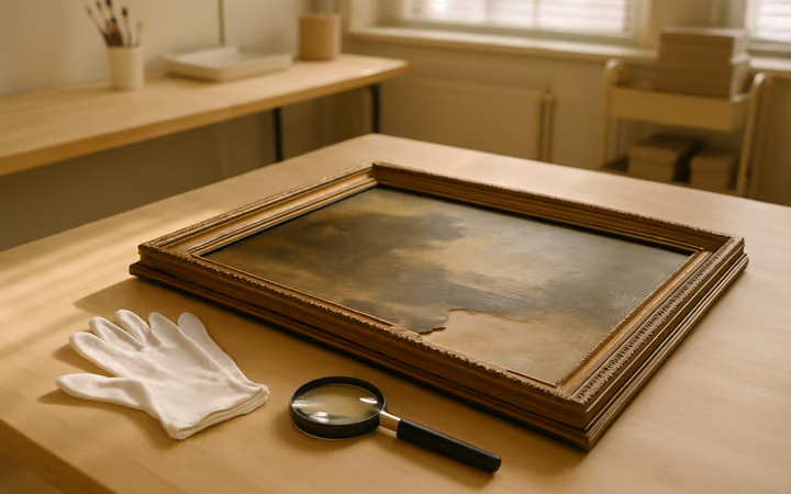A framed oil painting with a torn corner laid on a conservator's worktable