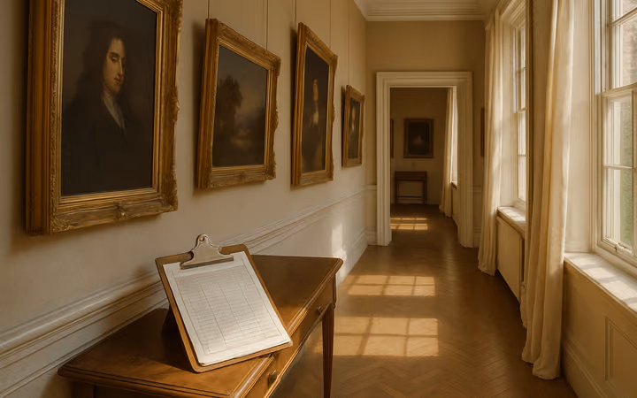 Gilt-framed oil paintings along the hallway of a stately home