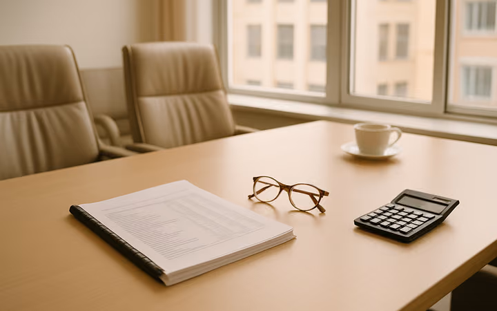A law office conference table with a small business's financial statements