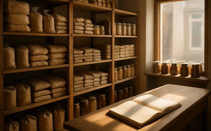 A small family shop's stockroom with wooden shelves of packaged goods
