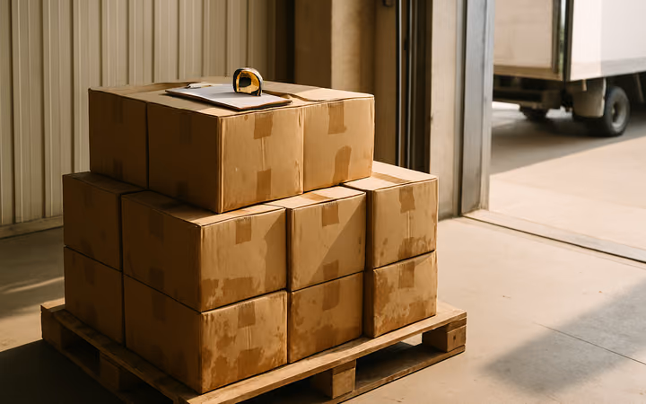 Water-stained cardboard cartons stacked on a pallet in a warehouse corner