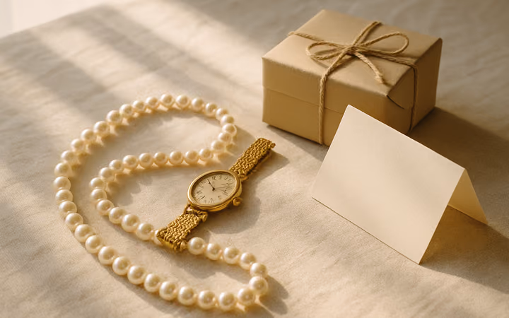 A pearl necklace and a gold watch beside a small wrapped gift box