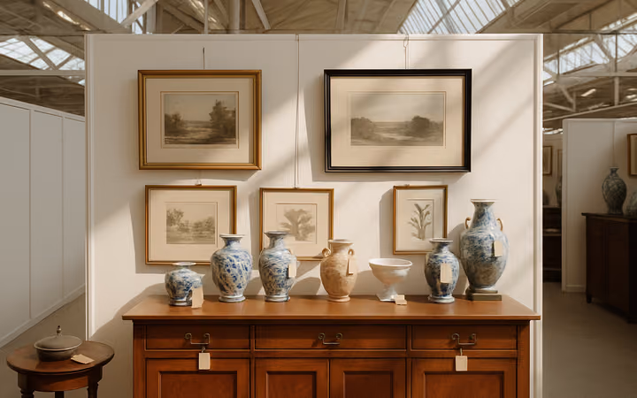 An antiques dealer's booth with a walnut sideboard, porcelain, and framed prints